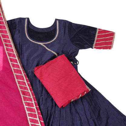 Inaaya Navy Blue Angrakha Suit Set with Rani Pink Dupatta