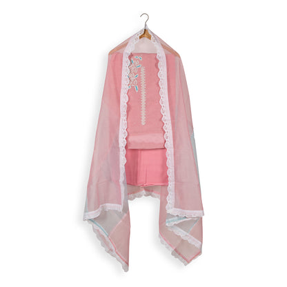 Graceful Pink Embroidered Cotton Designer Fabric Set with Dupatta
