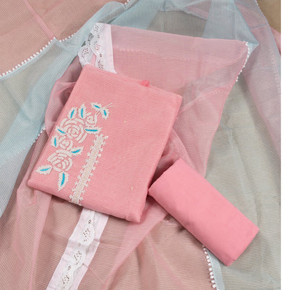 Graceful Pink Embroidered Cotton Designer Fabric Set with Dupatta