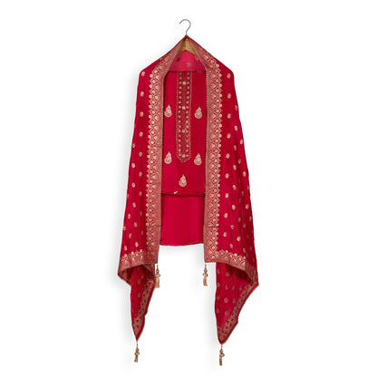 Elegant Red Banarasi Collection Fabric Set with Gold Zari Work