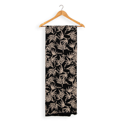 Sophisticated Black Printed Designer Fabric with Beige Botanical Print