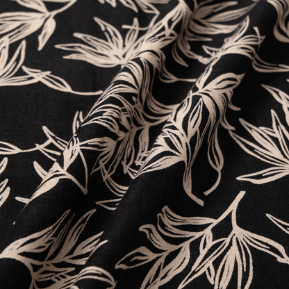 Sophisticated Black Printed Designer Fabric with Beige Botanical Print