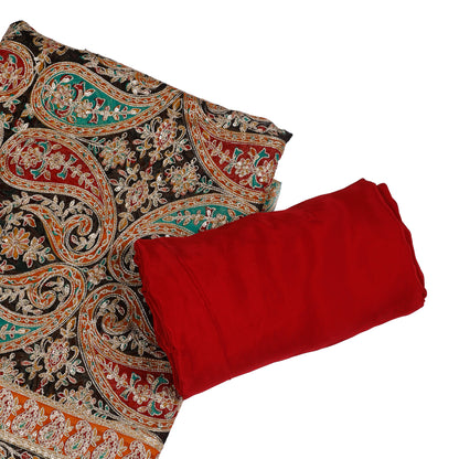 Begum Black & Red Embroidered Zari Unstitched Suit Set