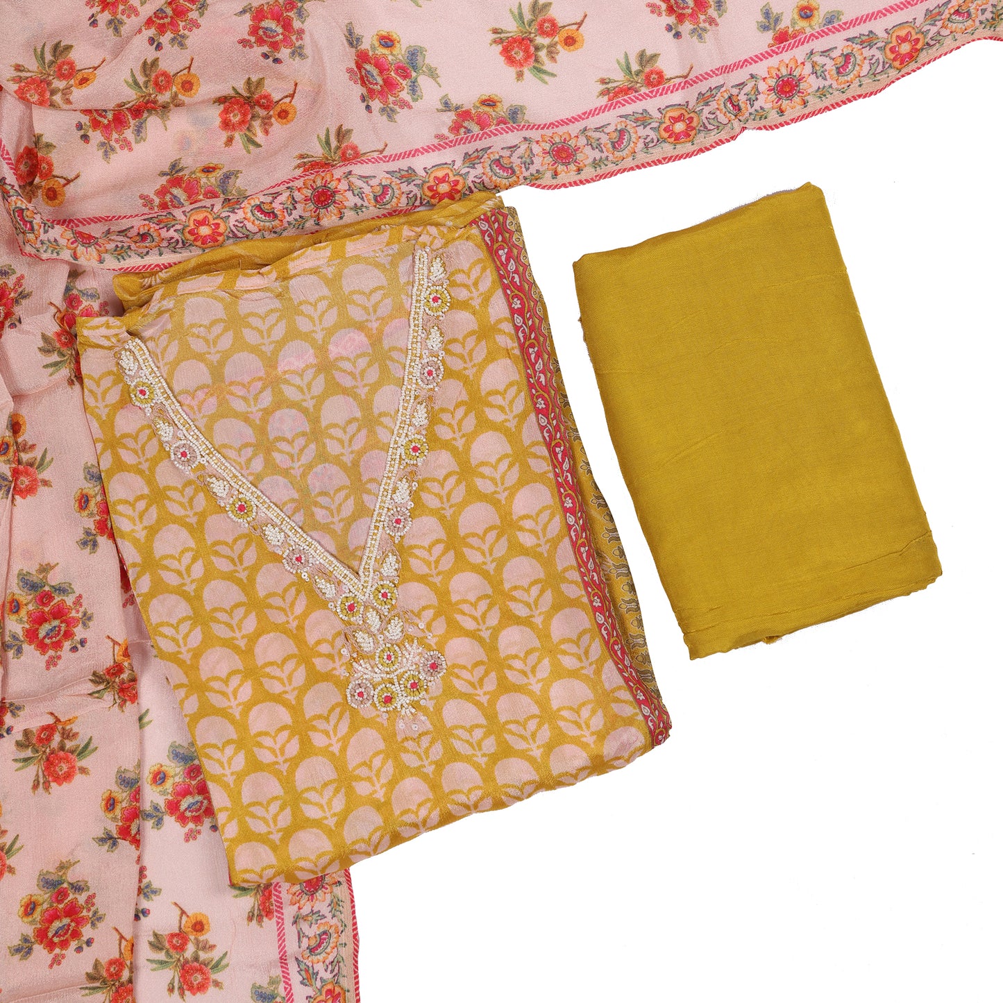 Saanjh Mustard Floral Handwork Dress Material