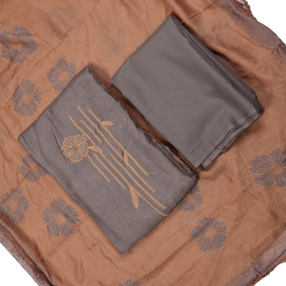 Nayra Grey & Rust Embroidered Cotton Suit Set