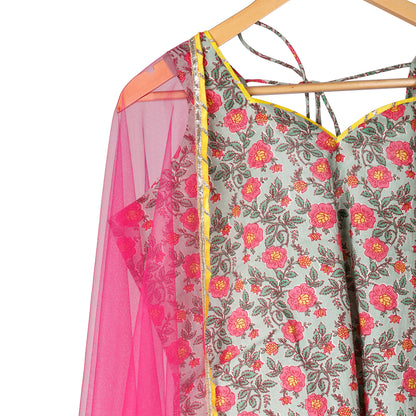 Blush Bloom Sleeveless Suit Set with Hot Pink Dupatta