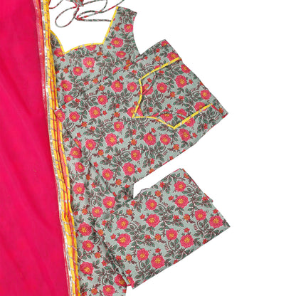 Blush Bloom Sleeveless Suit Set with Hot Pink Dupatta