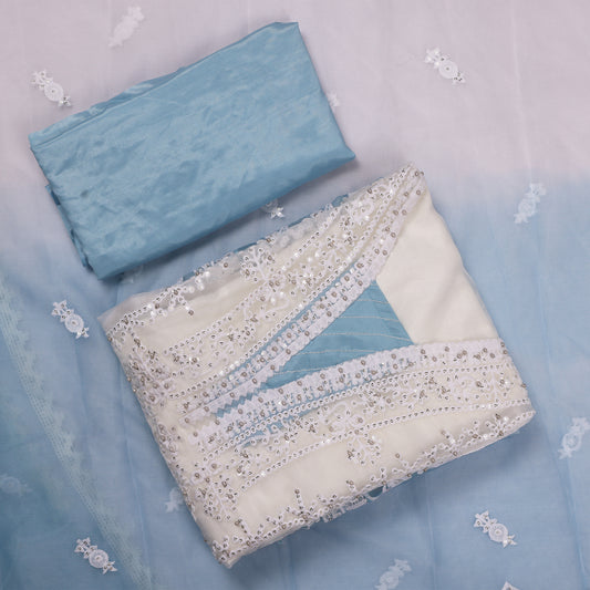 Noori Powder Blue Mirror Work Unstitched Suit Set