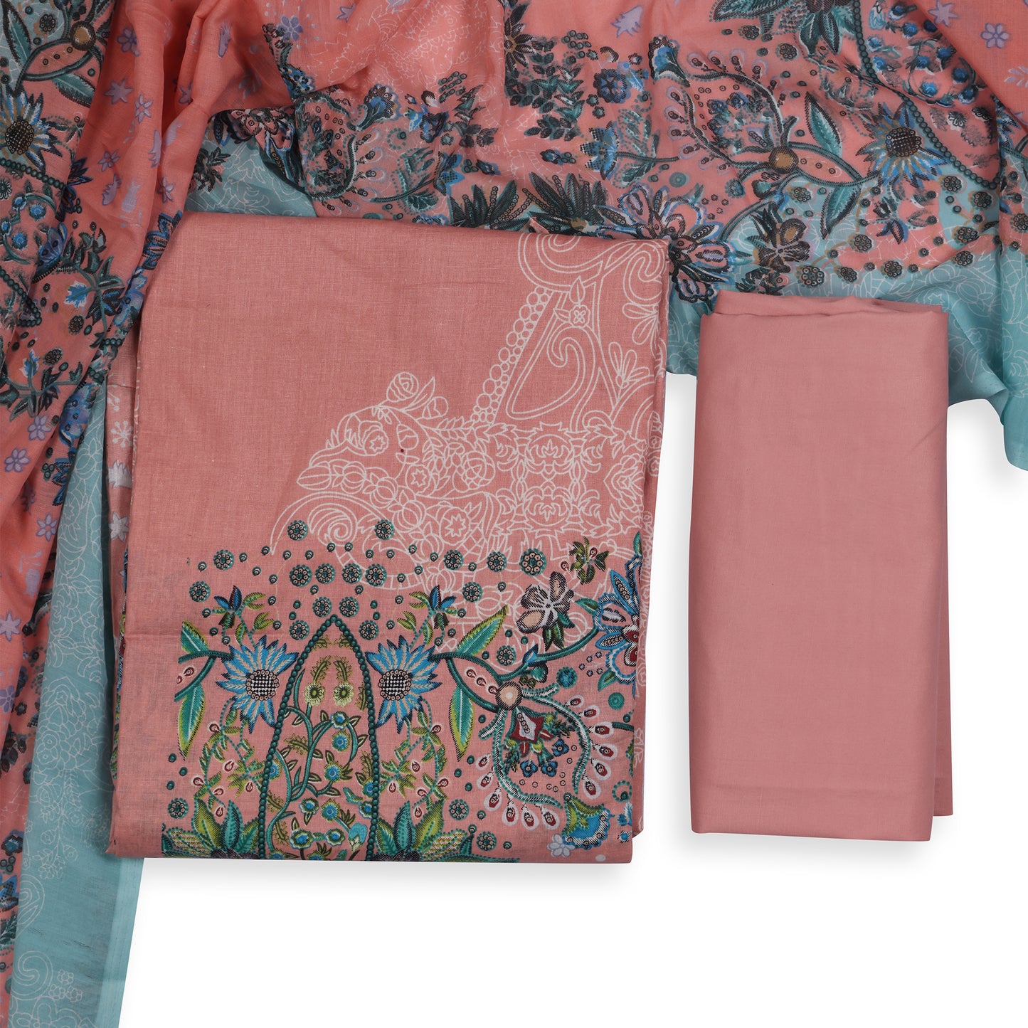 Gulnaar Coral Blossom Unstitched Suit Set