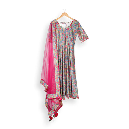 Gulnaar Printed Anarkali Suit Set with Fuchsia Dupatta