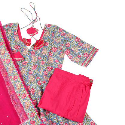 Gulnaar Printed Anarkali Suit Set with Fuchsia Dupatta