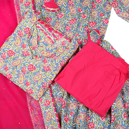 Gulnaar Printed Anarkali Suit Set with Fuchsia Dupatta
