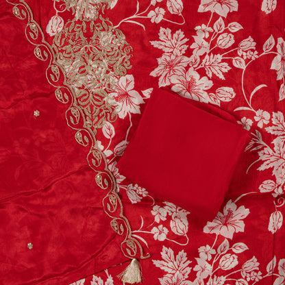 Crimson Bloom Elegance – Floral Embroidered Georgette Dress Material