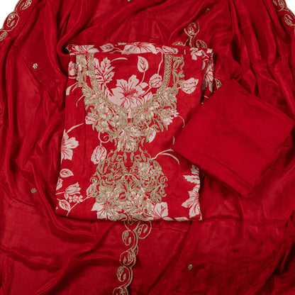 Crimson Bloom Elegance – Floral Embroidered Georgette Dress Material