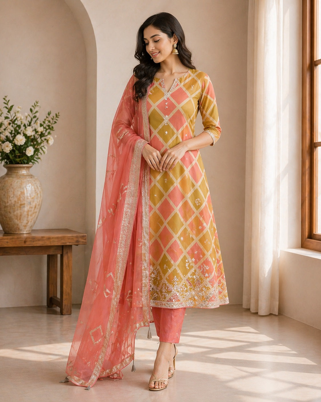 Aabha Multicolor Bandhej-Inspired Unstitched Suit Set