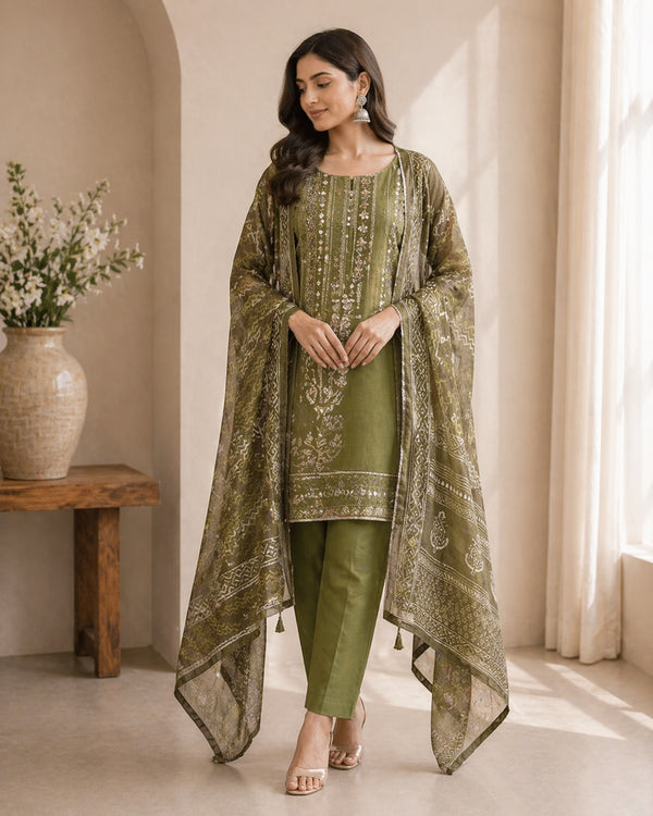 Aarohi Meadow Glow Mirror Work Cotton Suit Set