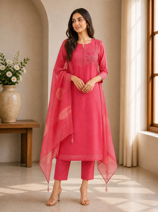 Aarohi Pink Wave Embroidered Cotton Suit Set