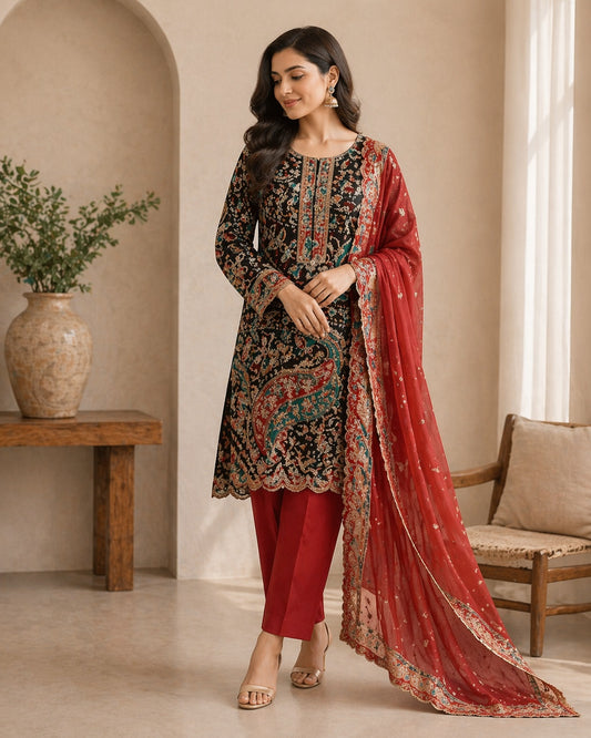 Begum Black & Red Embroidered Zari Unstitched Suit Set