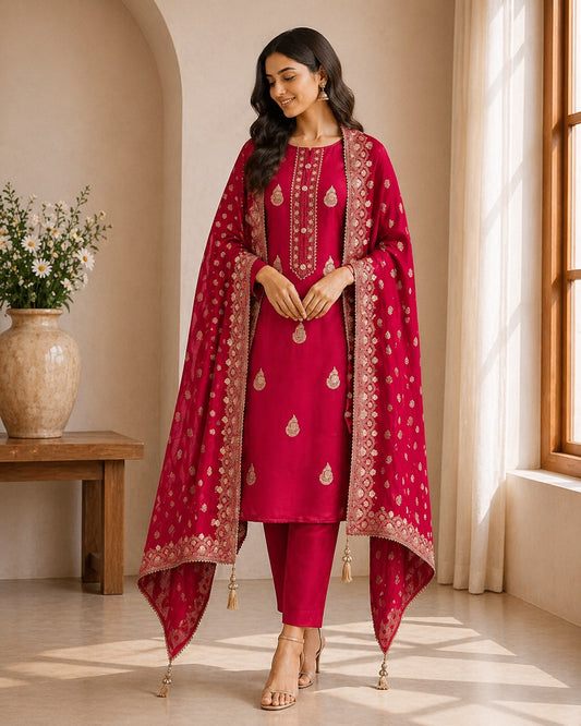 Elegant Red Banarasi Collection Fabric Set with Gold Zari Work