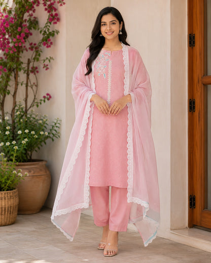 Graceful Pink Embroidered Cotton Designer Fabric Set with Dupatta