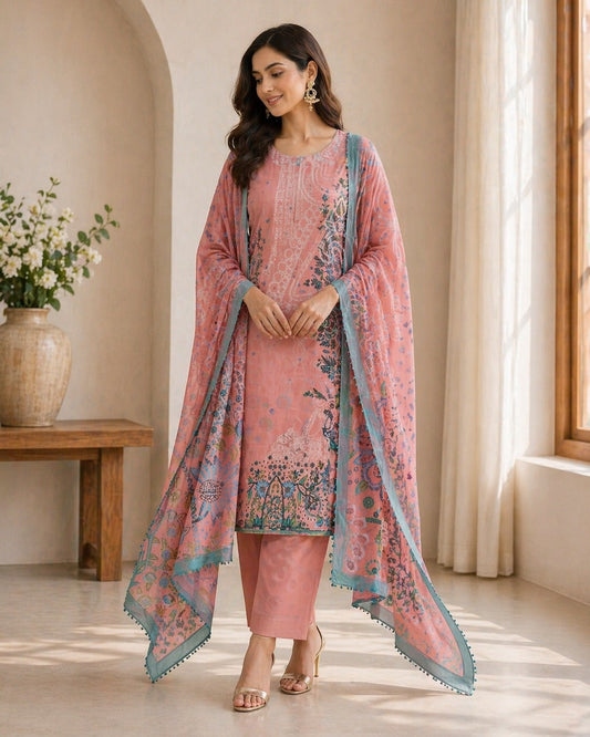 Gulnaar Coral Blossom Unstitched Suit Set