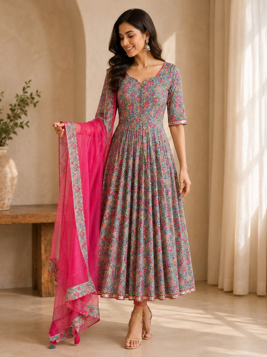 Gulnaar Printed Anarkali Suit Set with Fuchsia Dupatta