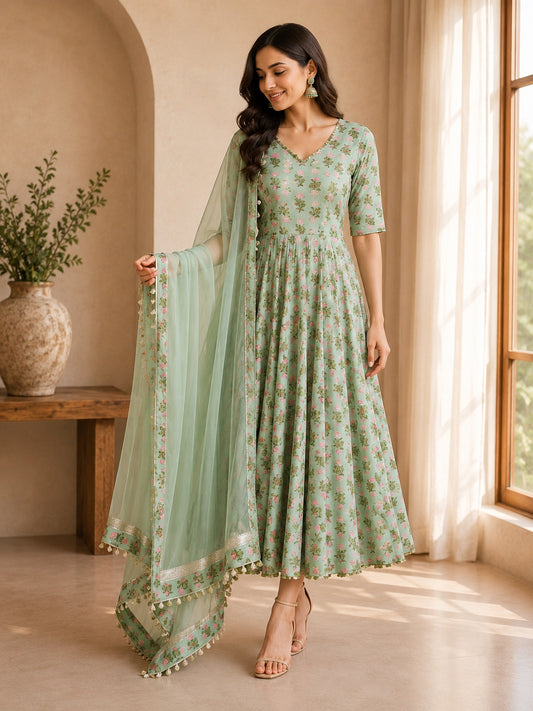 Meher Pistachio Green Anarkali Suit Set