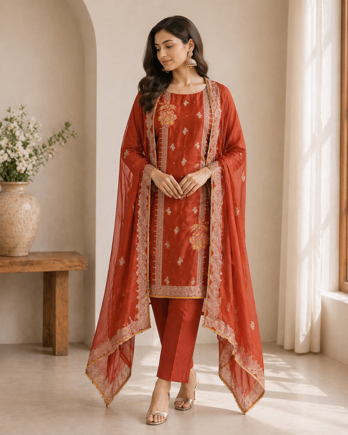 Mehfil Rust Embroidered Unstitched Suit Set