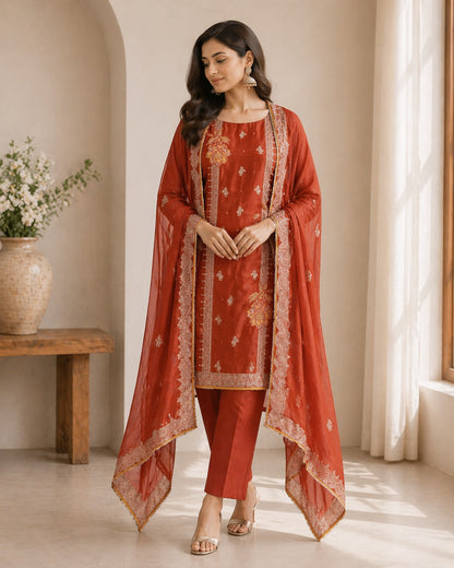 Mehfil Rust Embroidered Unstitched Suit Set