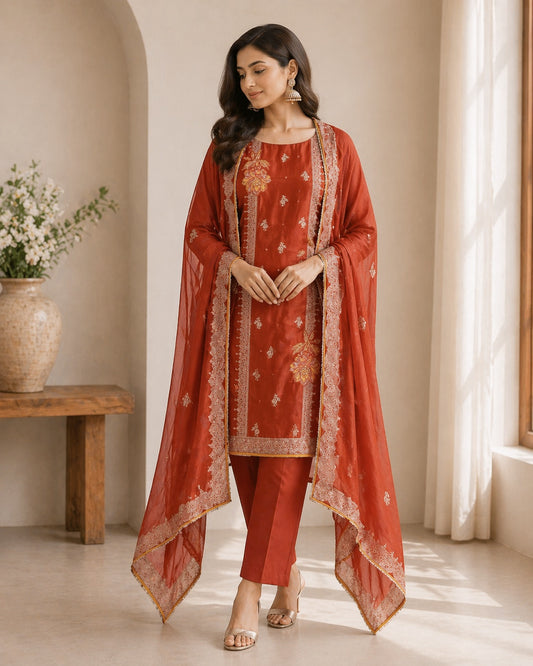 Mehfil Rust Embroidered Unstitched Suit Set