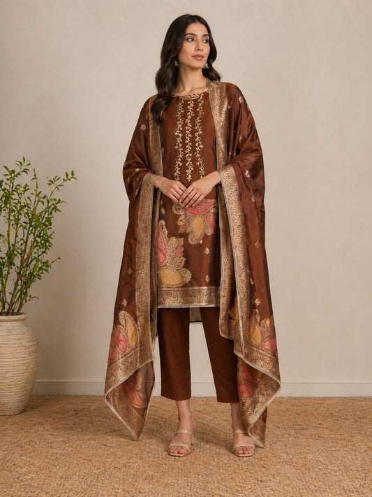 Mehrunisa Copper Brown Embroidered Suit Set