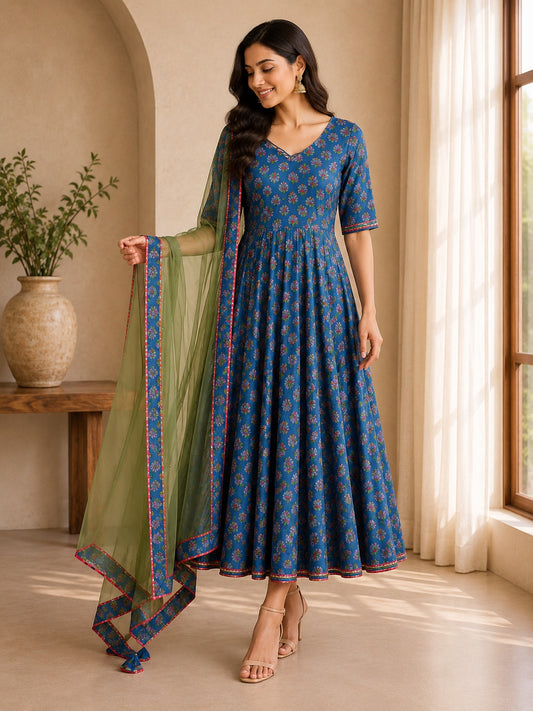 Midnight Teal Anarkali Suit Set with Olive Dupatta