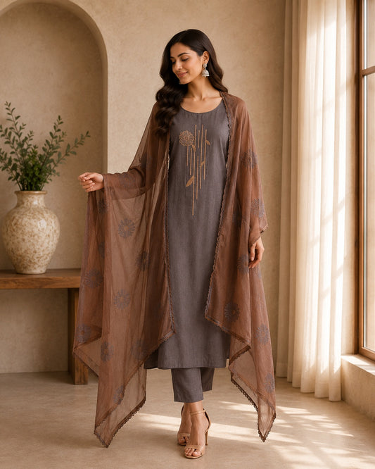 Nayra Grey & Rust Embroidered Cotton Suit Set