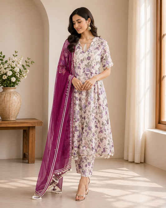 Ivory Bloom Chanderi Suit Set with Magenta Dupatta