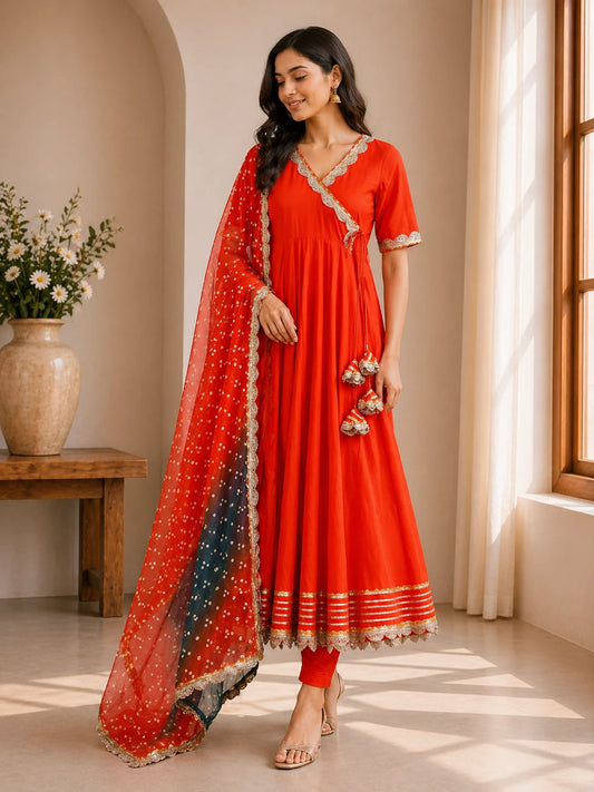 Ruhani Rust Angrakha Suit Set with Bandhej Dupatta