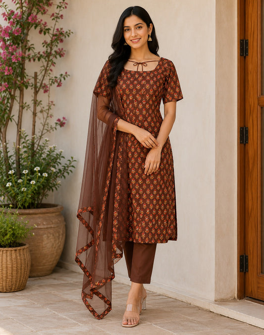 Rust Elegance Cotton Suit Set with Sheer Dupatta