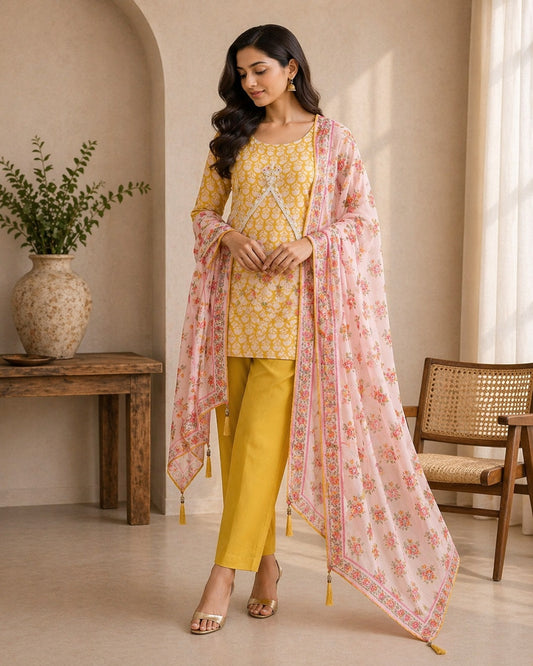 Saanjh Mustard Floral Handwork Dress Material