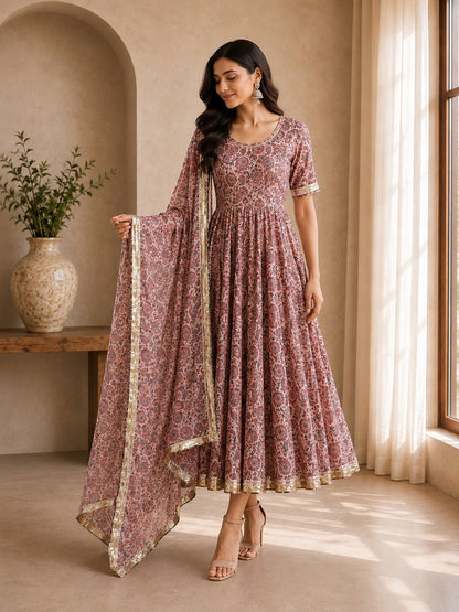 Zariah Maroon Ajrakh-Inspired Anarkali Suit Set