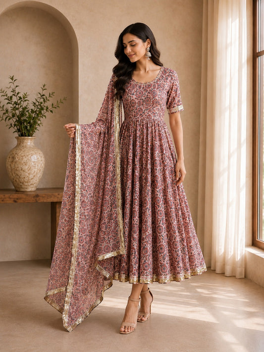 Zariah Maroon Ajrakh-Inspired Anarkali Suit Set
